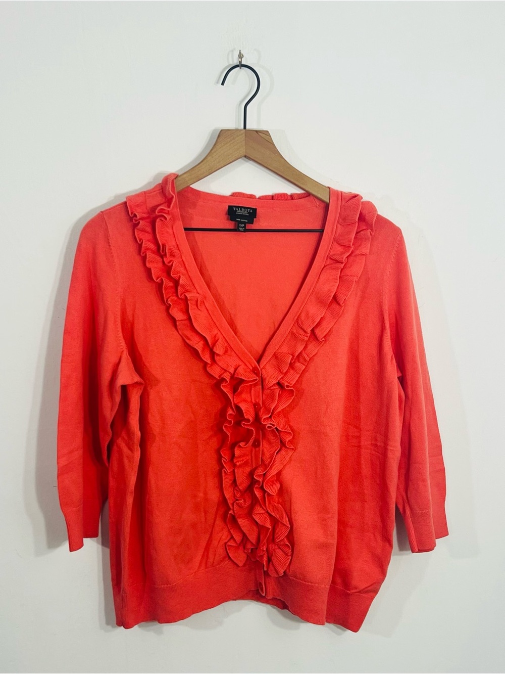 Talbots Orange 3/4 Sleeve Ruffle Button Down V Neck Cardigan Sweater Pima Cotton